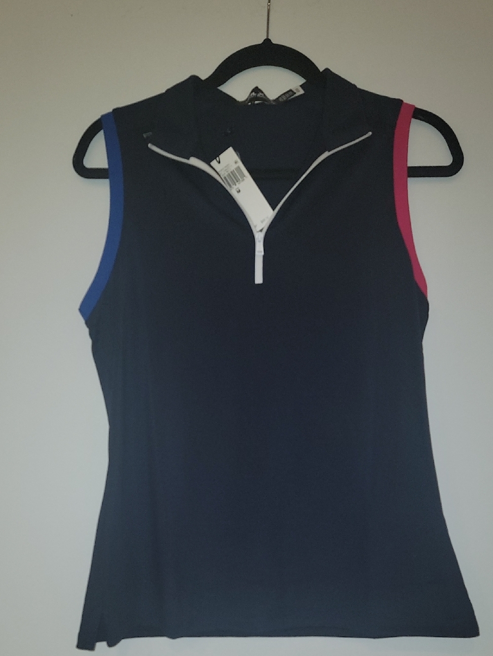 NWT RLX Ralph Lauren Golf Sleeveless Quarter Zip Polo Tank Navy Pink Blue Trim